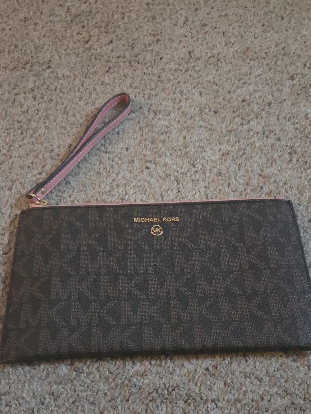 Michael Kors Black Logo Wristlet with Pink Trim Strap